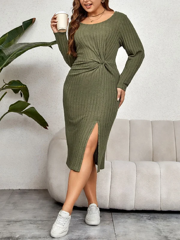 Skater DressPlus Size Ribbed Round Neck Twisted Slit Midi Dress