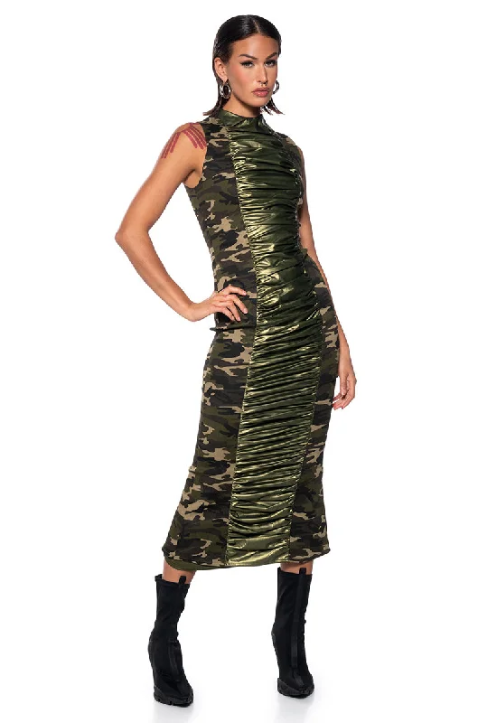 women's body-skimming dressesNOW YOU SEE ME RUCHED CAMO MIDI DRESS