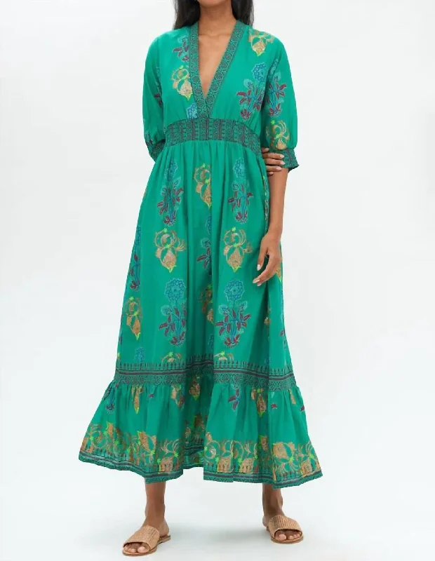 Sleeveless DressV-Neck Smocked Waist Maxi Dress In Goldenrod Green