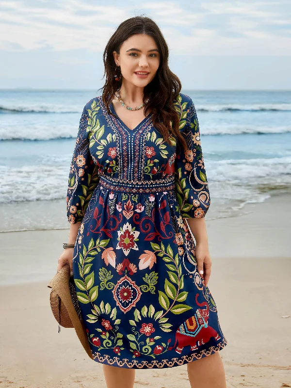 women's tall dressesBoho Print V-Neck Pockets Midi Dress