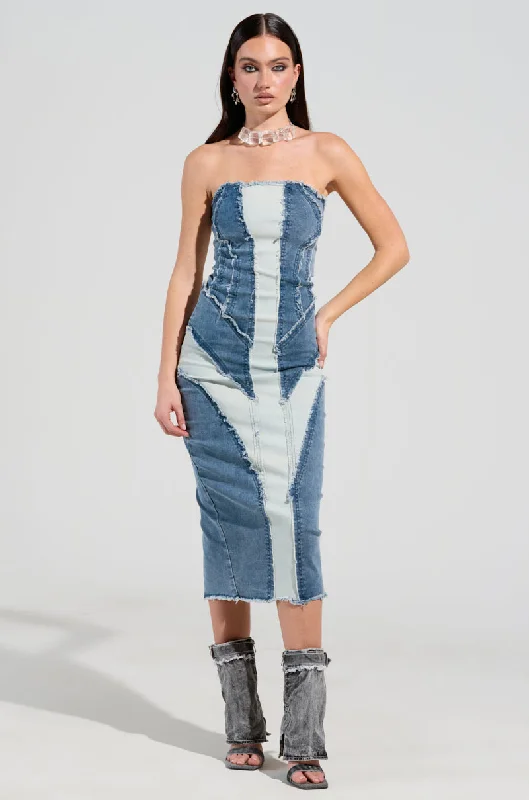 women's tall dressesLAYLA DENIM PATCHWORK MIDI DRESS