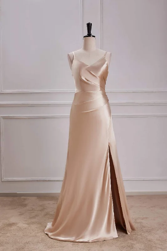 women's high-end dressesChampagne V Neck A-line Satin Silp Long Bridesmaid Dress with Slit