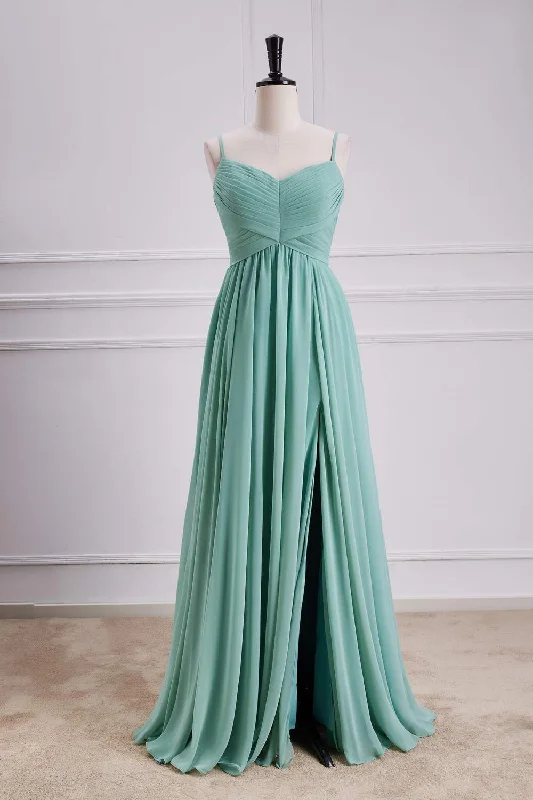 Short-Sleeve DressMint Green Spaghetti Straps A-line Long Bridesmaid Dress with Slit