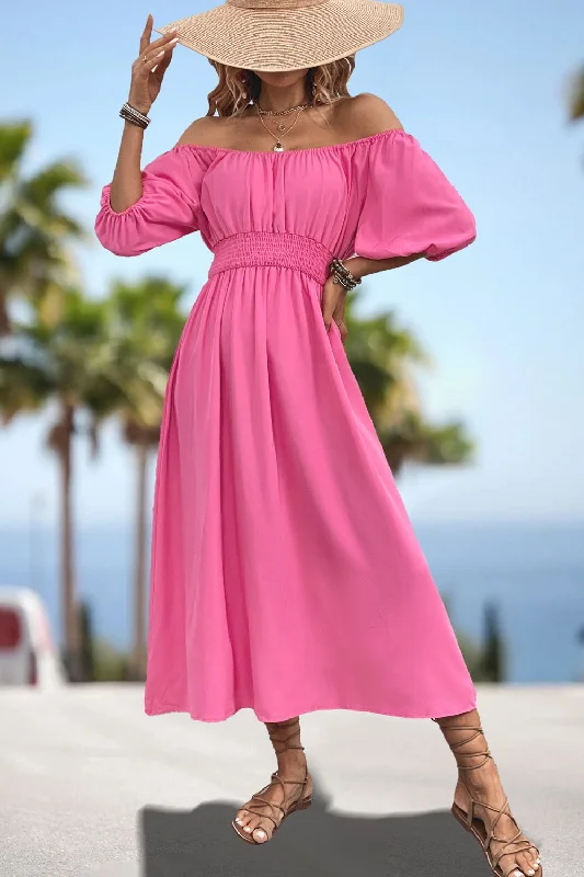 Body-Hugging DressSquare Neck Smocked Waist Puff Sleeve Midi Dress