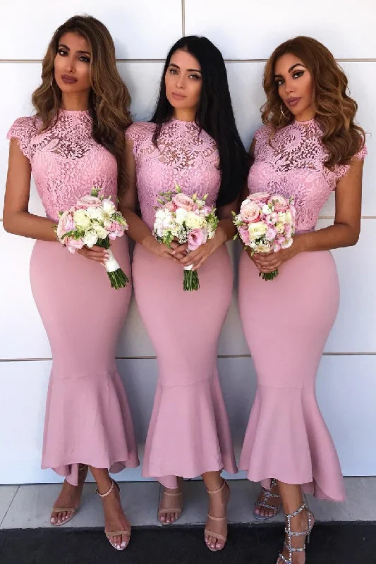 women's one-shoulder dressesElegant Mermaid Long Pink Bridesmaid Dress