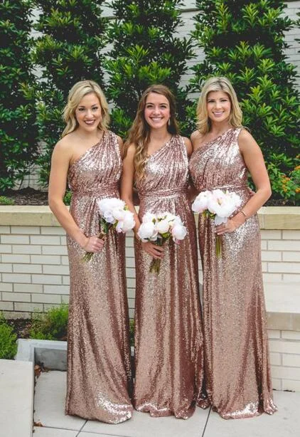 Jersey DressSparkly One Shoulder Rose Gold Sequins Bridesmaid Dress