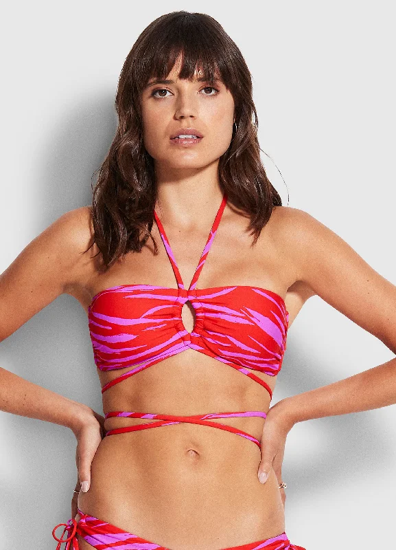 Stretchy Female SwimwearBandeau Bra With Wrap Ties - Mandarin Red