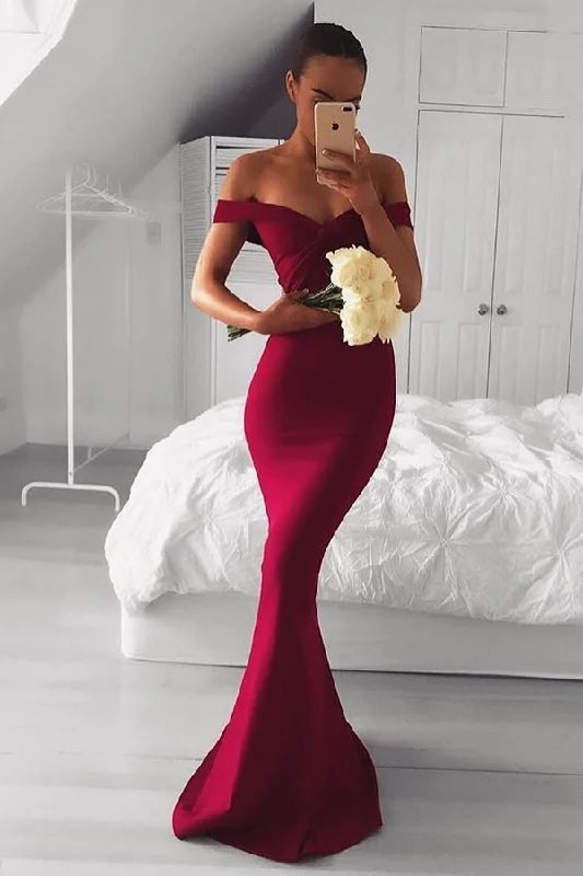 Nursing DressElegant Off Shoulder Mermaid Wine Red Long Bridesmaid Dress