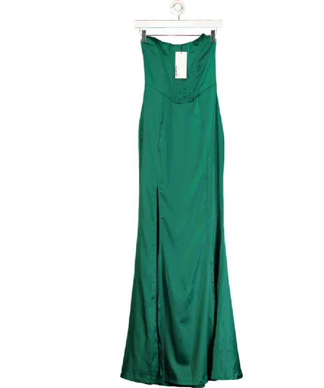 women's designer dressesClub L Bottle Green Satin Strapless Corset Thigh Split Fishtail Maxi Dress UK 6