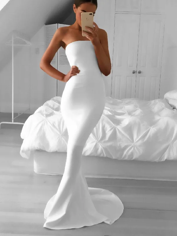 women's petite dressesSimple Strapless Mermaid White Long Bridesmaid Dress