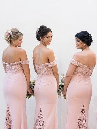 women's denim dressesElegant Off Shoulder Mermaid Blush Pink Long Bridesmaid Dress