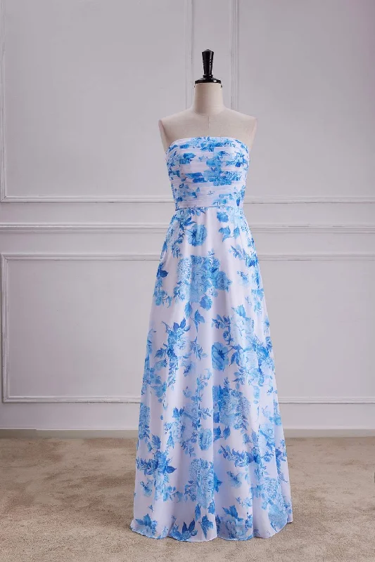 women's unique dressesBlue Floral Strapless A-line Long Bridesmaid Dress