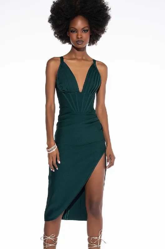 Knit DressSEE YOU SOON BANDAGE MIDI DRESS WITH HIGH SLIT EMERALD