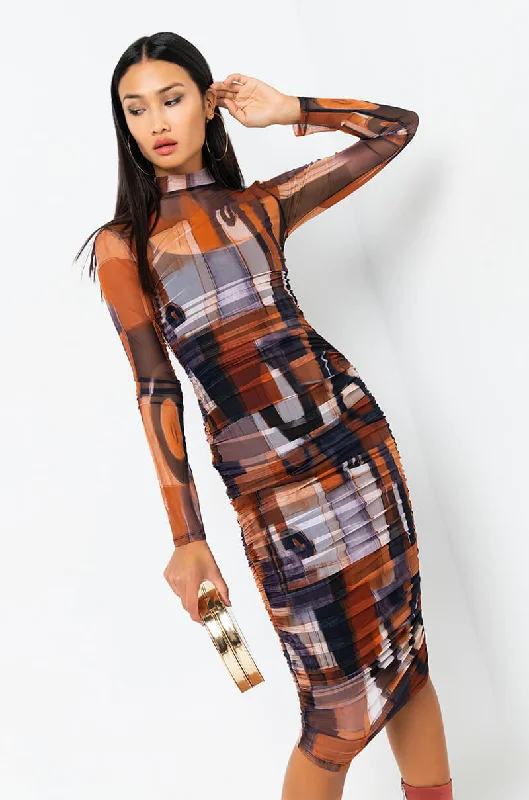 Flutter-Sleeve DressBREAK THE MOLD LONG SLEEVE RUCHED MESH MIDI DRESS rust