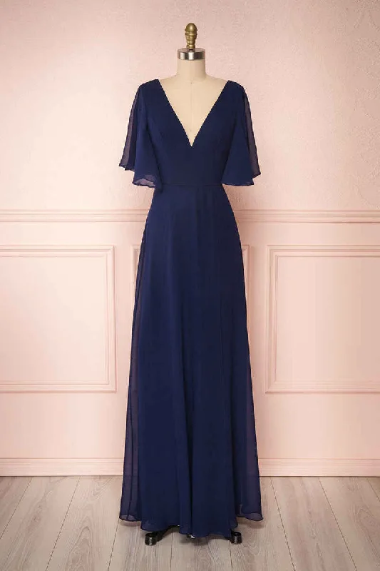 women's casual Friday dressesNavy Blue Chiffon V-Neck Ruffled Sleeve Long Bridesmaid Dress