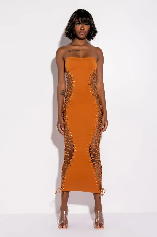 Tea-Length DressNEVER BORING LACE UP MIDI DRESS ORANGE