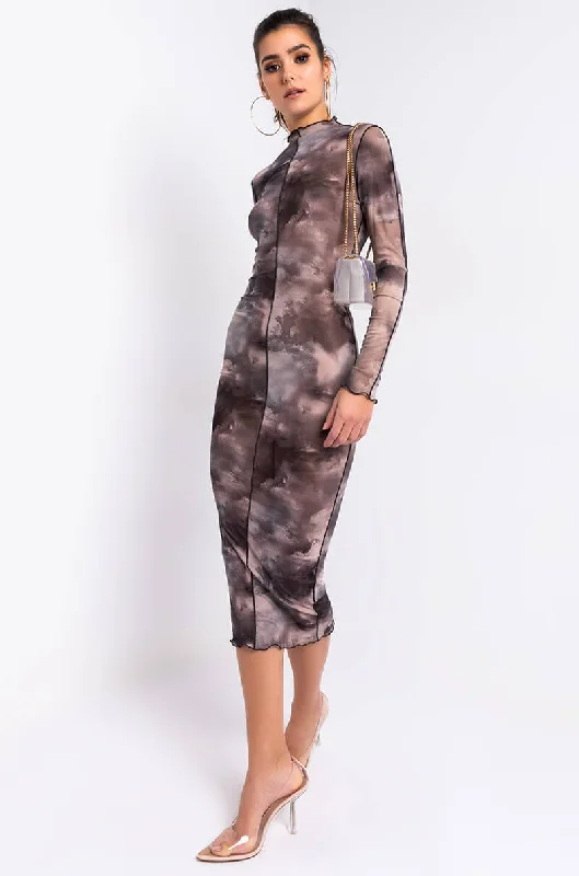 women's easy-to-wear dressesHEAD IN THE CLOUDS MESH MIDI DRESS BLACK MULTI