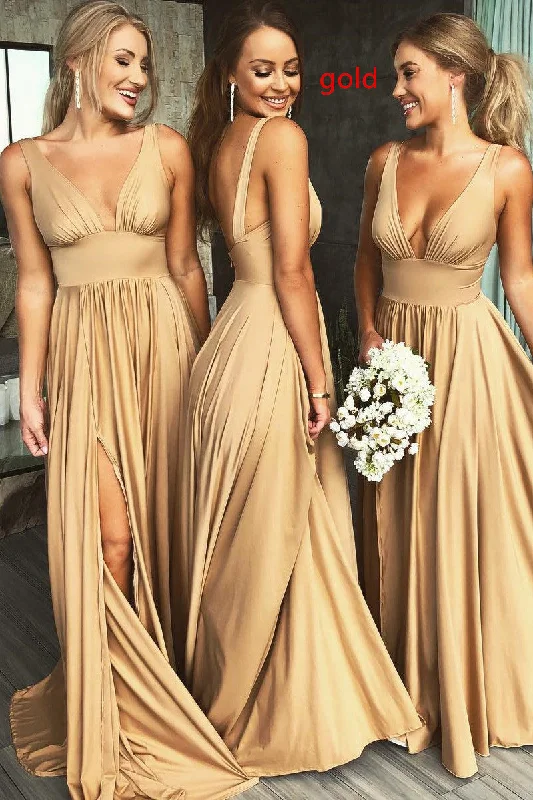 Mermaid DressElegant A-Line V Neck Gold Long Bridesmaid Dress with Side Slit