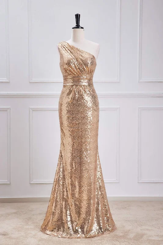 women's travel dressesGold One-Shoulder Sequins Mermaid Long Bridesmaid Dress