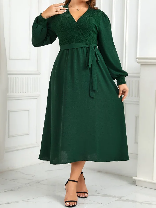 women's chiffon dressesPlus Size Surplice Neck Tie Waist Long Sleeve Midi Dress