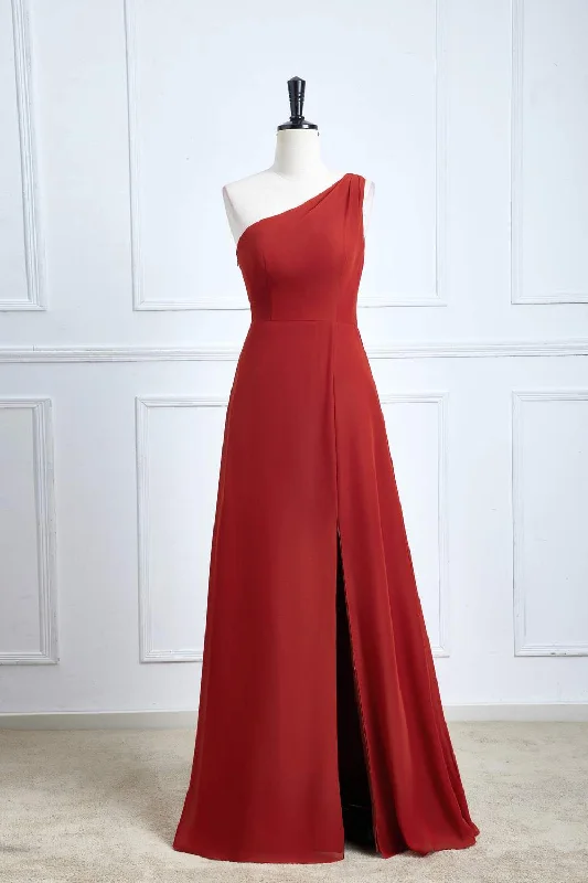 Leather DressRust One Shoulder A-line Chiffon Long Bridesmaid Dress with Slit