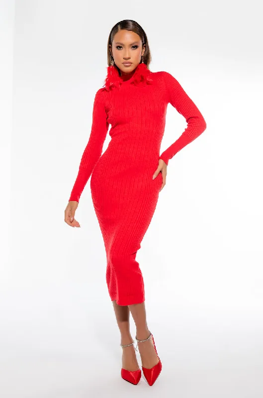 women's lace dressesMEGAN SWEATER RIBBED OPEN BACK MIDI DRESS RED