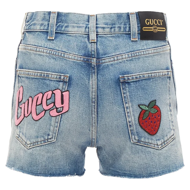 women's petite shortsGucci Logo Graffiti Strawberry Patch Denim Cut Off Shorts