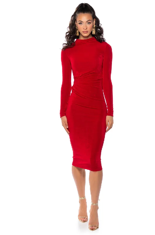 women's cinched-waist dressesARIANA RUCHED LONG SLEEVE FUNNEL NECK MIDI DRESS