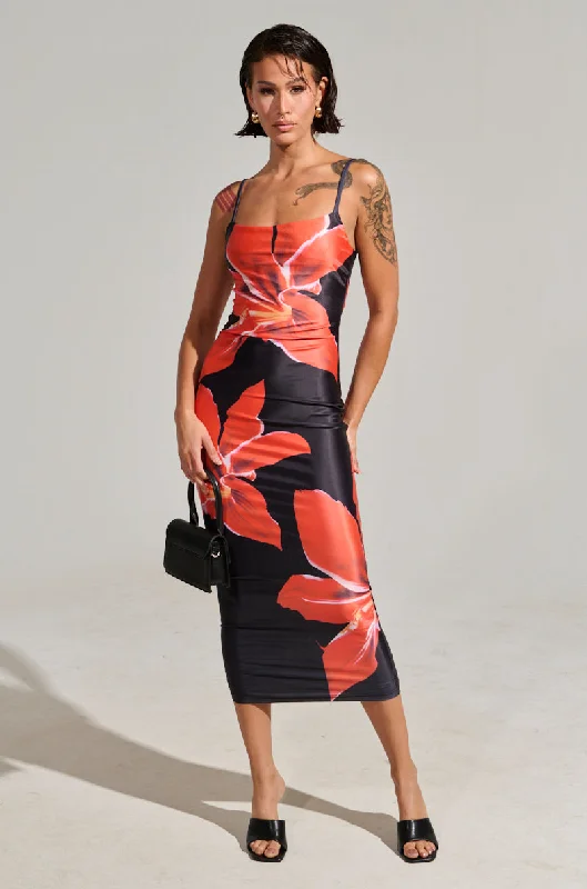 women's midi dressesSUMMER LOVIN FLORAL SATIN MIDI DRESS