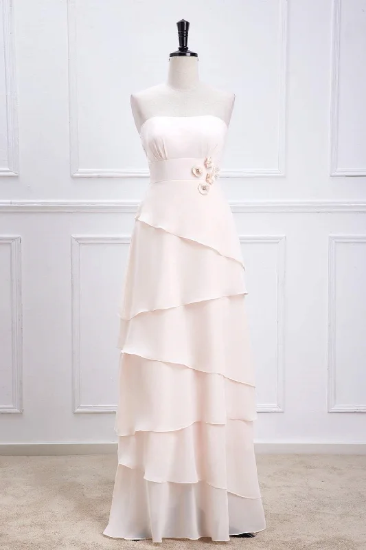 Vintage DressPink Strapless 3D Flowers Layers A-line Long Bridesmaid Dress