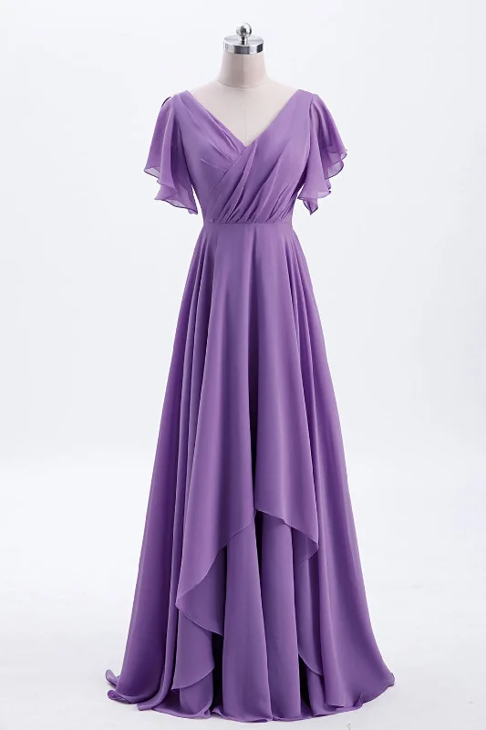 women's halter dressesFlutter Sleeves Lavender Chiffon A-line Long Bridesmaid Dress