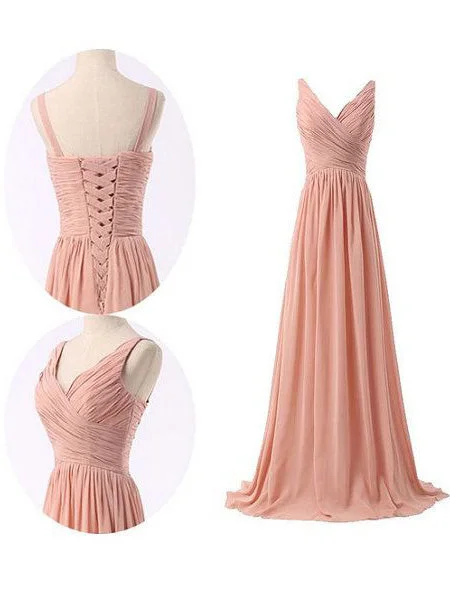 women's lace-up dressesSimple Ruched Blush Pink Long Chiffon Bridesmaid Dress