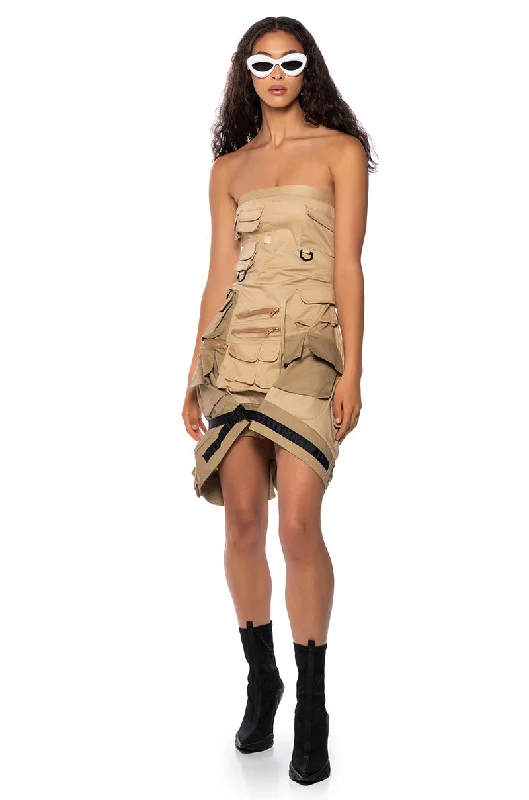 women's sleeveless dressesGAZELLE STRAPLESS CARGO MIDI DRESS