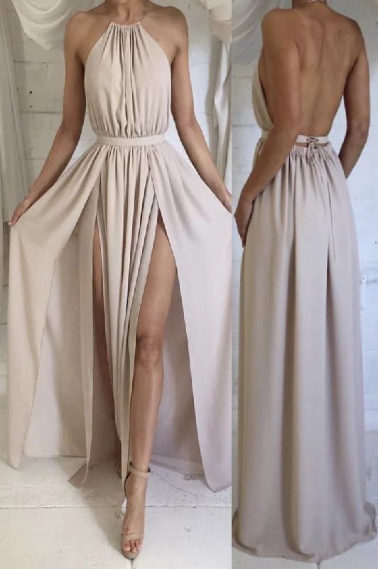 women's luxury dressesHalter Backless Beige Long Bridesmaid Dress with Slits