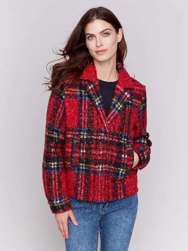 modern women's coatsPlaid Bouclé Knit Short Coat - Cranberry