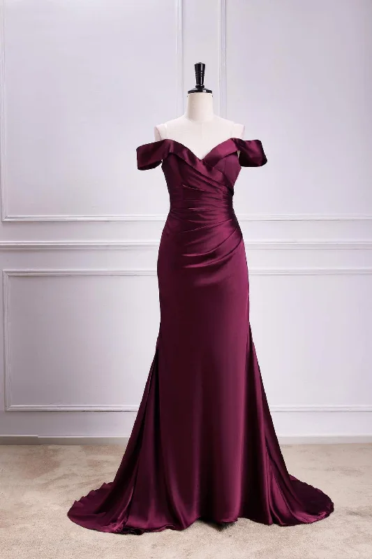 Party DressRaspberry Off-Shoulder Mermaid Satin Long Bridesmaid Dress