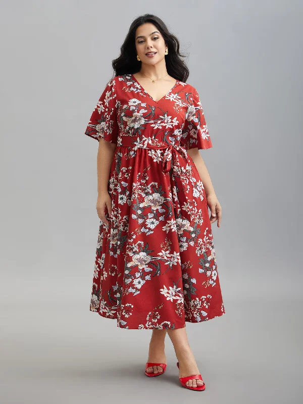 women's sustainable dressesFloral Print Waist-Tie V-Neck Midi Dress