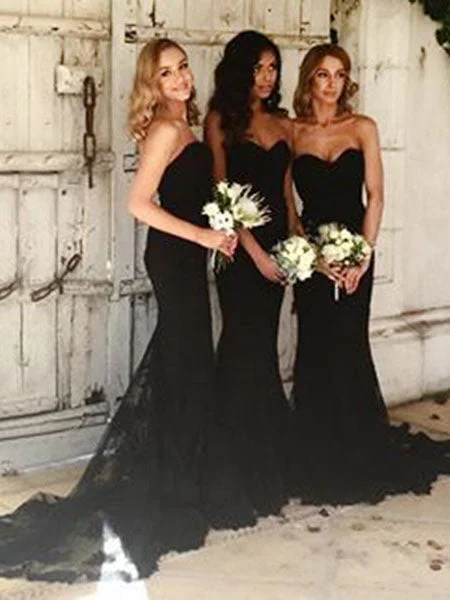 women's sheath dressesElegant Strapless Black Mermaid Long Bridesmaid Dress