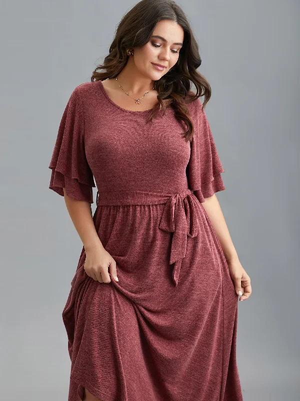 women's pear-shaped body dressesLayered Lotus Sleeve Belted Midi Knit Dress