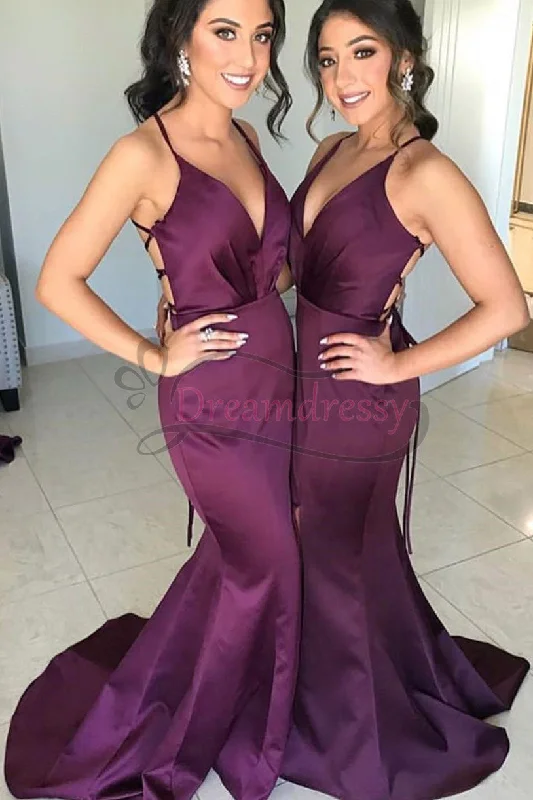 women's off-the-shoulder dressesGorgeous Straps V Neck Plum Mermaid Long Bridesmaid Dress