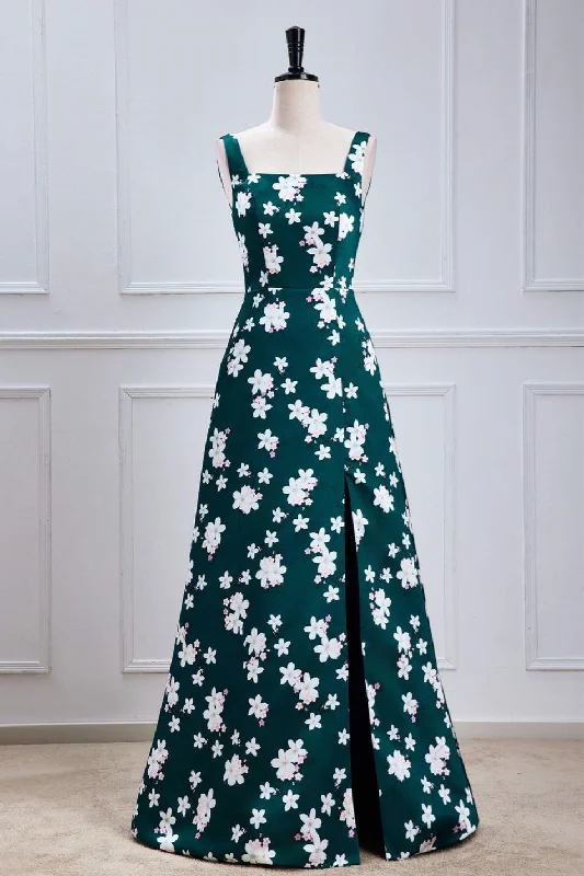 Animal Print DressGreen Floral A-line Satin Long Bridesmaid Dress with Slit