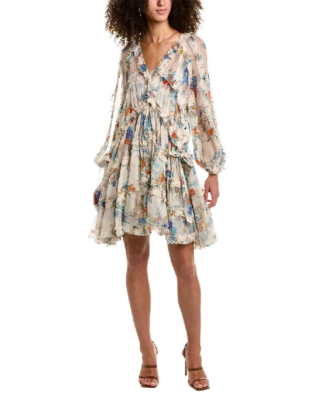 women's flutter-sleeved dressesZimmermann Clover Frill Billow Silk Mini Dress