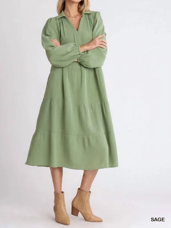 women's statement dressesGauze Long Sleeve Tiered Maxi Dress In Sage