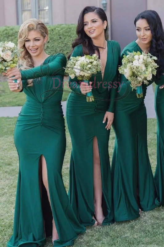 High-Neck DressLong Sleeves Green Mermaid Long Bridesmaid Dress with Slit