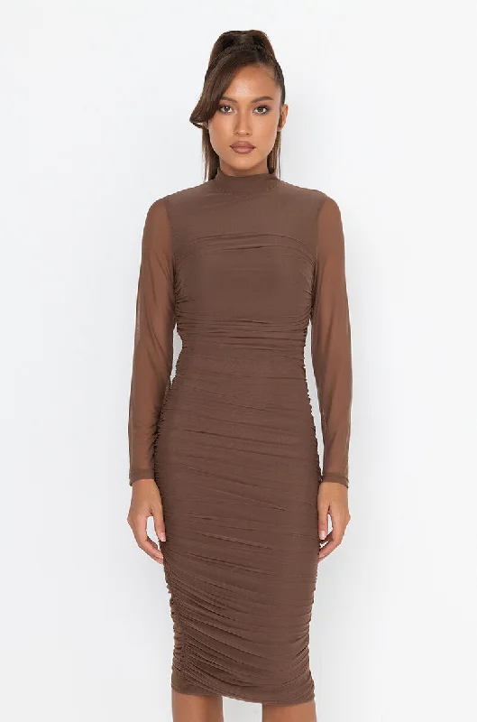 Silk DressKEEP IT LOW KEY LONG SLEEVE MIDI RUCHED DRESS BROWN