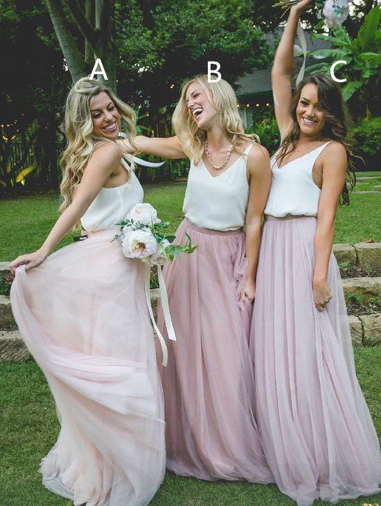 Off-The-Shoulder DressGorgeous Two Piece Pink Tulle Long Bridesmaid Dress with White Top