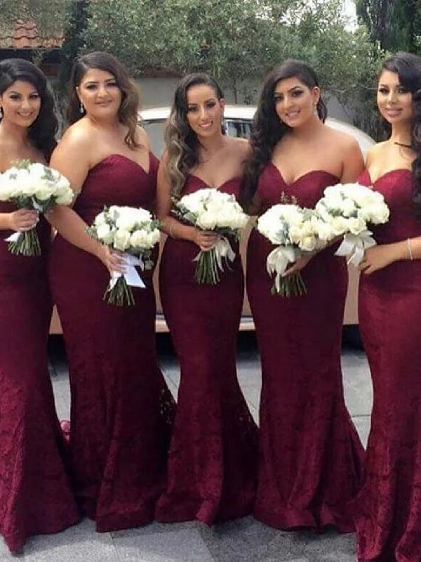 Embellished DressStrapless Mermaid Long Burgundy Lace Bridesmaid Dress