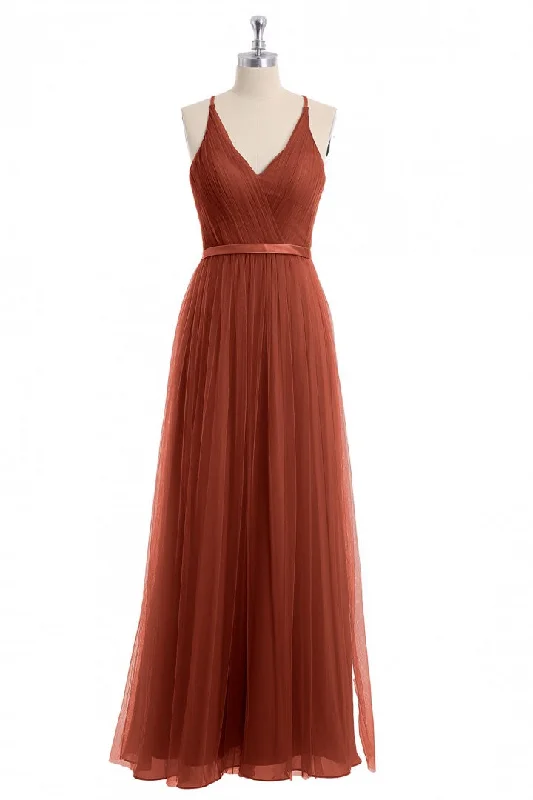 women's long-sleeved dressesRust Orange V-Neck Backless A-Line Long Bridesmaid Dress