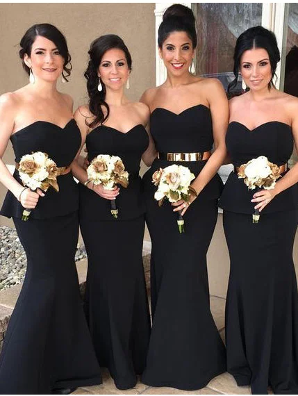 women's velvet dressesStrapless Black Mermaid Long Bridesmaid Dress with Gold Sash