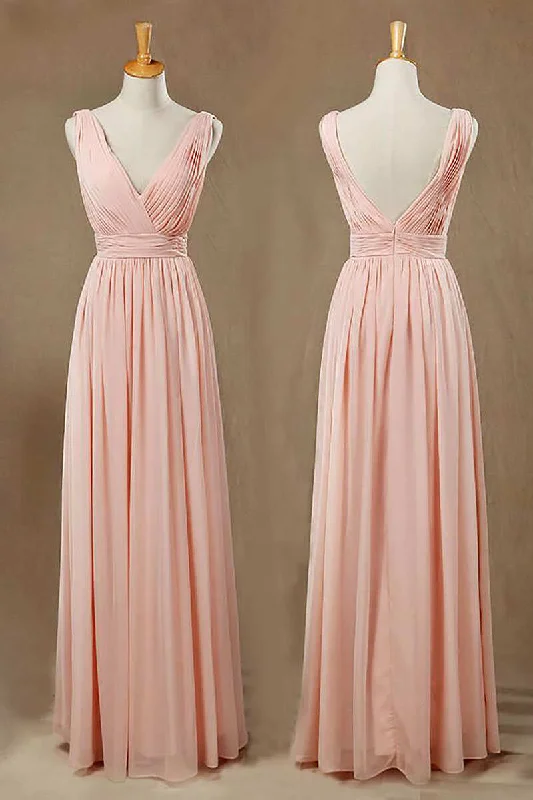 women's pear-shaped body dressesElegant Plush Pink V-Neck Open Back A-Line Long Bridesmaid Dress